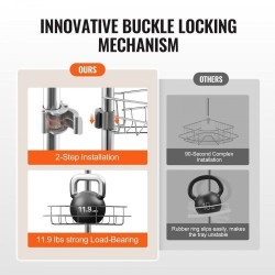 Suihkun kulmahylly ruostumatonta terästä säädettävällä jousitangolla nelitasoinen 56–114 tuumaa kantavuus 5,4 kilogrammaa