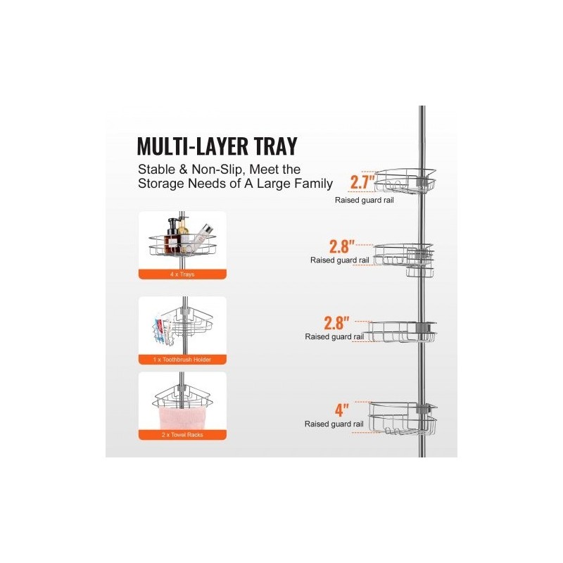 Suihkun kulmahylly ruostumatonta terästä säädettävällä jousitangolla nelitasoinen 56–114 tuumaa kantavuus 5,4 kilogrammaa