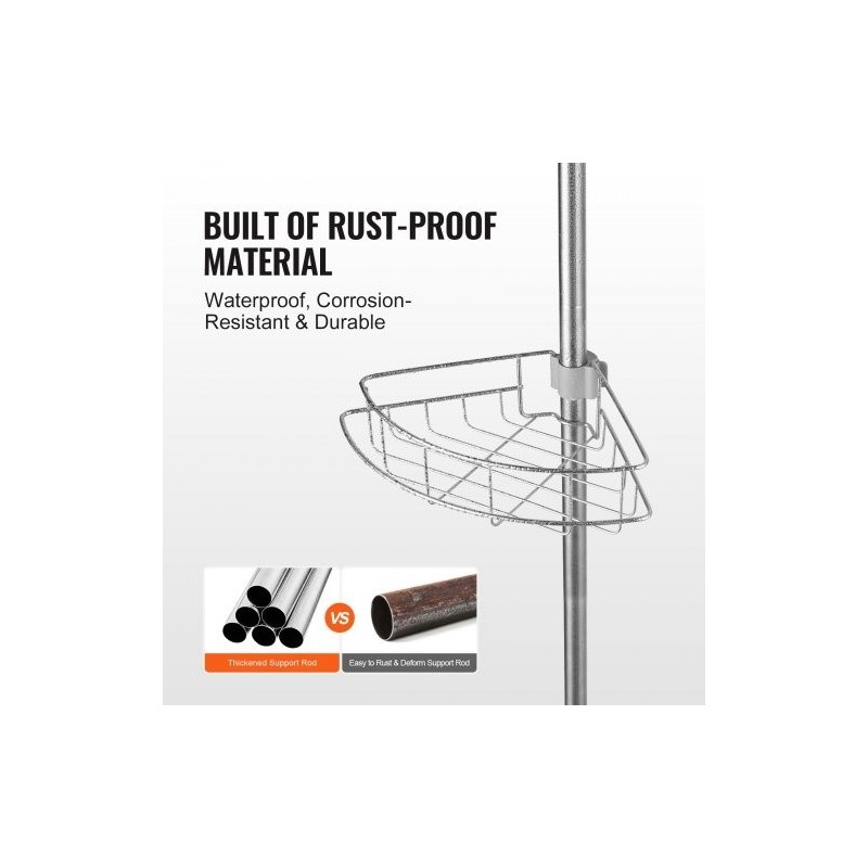 Suihkun kulmahylly ruostumatonta terästä säädettävällä jousitangolla nelitasoinen 56–114 tuumaa kantavuus 5,4 kilogrammaa