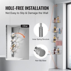 Suihkun kulmahylly ruostumatonta terästä säädettävällä jousitangolla nelitasoinen 56–114 tuumaa kantavuus 5,4 kilogrammaa