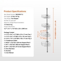 Suihkun kulmahylly ruostumatonta terästä säädettävällä jousitangolla nelitasoinen 56–114 tuumaa kantavuus 5,4 kilogrammaa