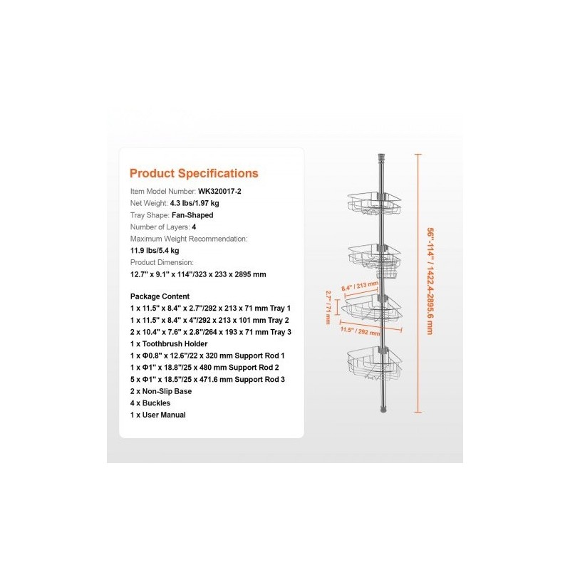 Suihkun kulmahylly ruostumatonta terästä säädettävällä jousitangolla nelitasoinen 56–114 tuumaa kantavuus 5,4 kilogrammaa