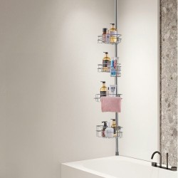 Suihkun kulmahylly ruostumatonta terästä säädettävällä jousitangolla nelitasoinen 56–114 tuumaa kantavuus 5,4 kilogrammaa