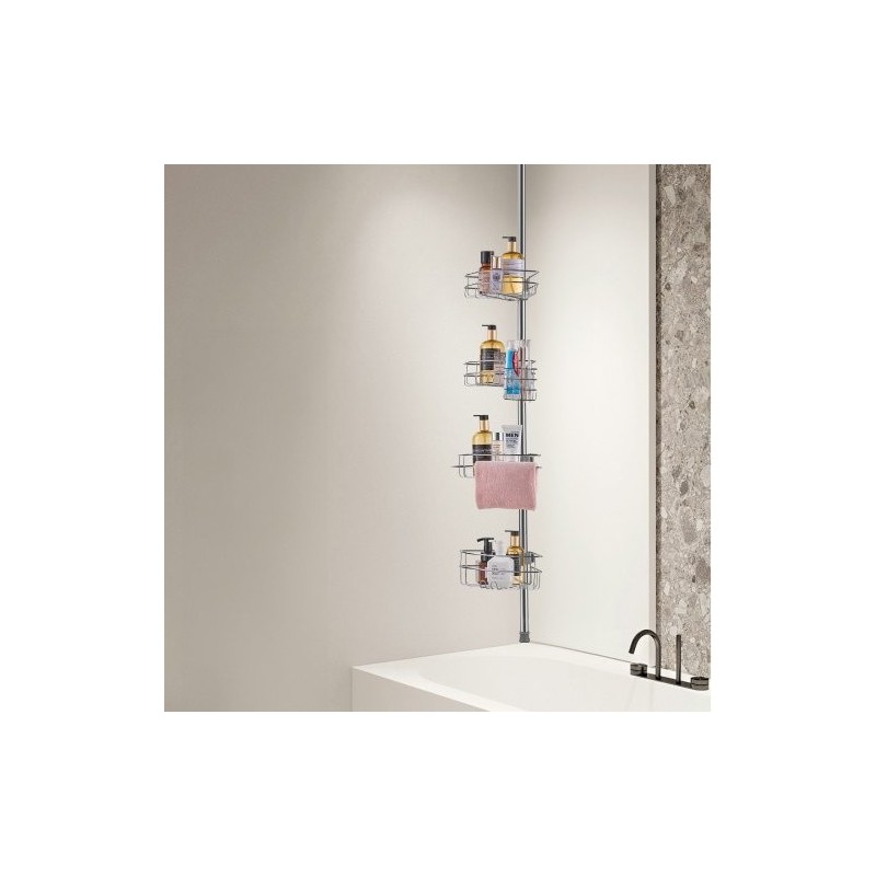 Suihkun kulmahylly ruostumatonta terästä säädettävällä jousitangolla nelitasoinen 56–114 tuumaa kantavuus 5,4 kilogrammaa