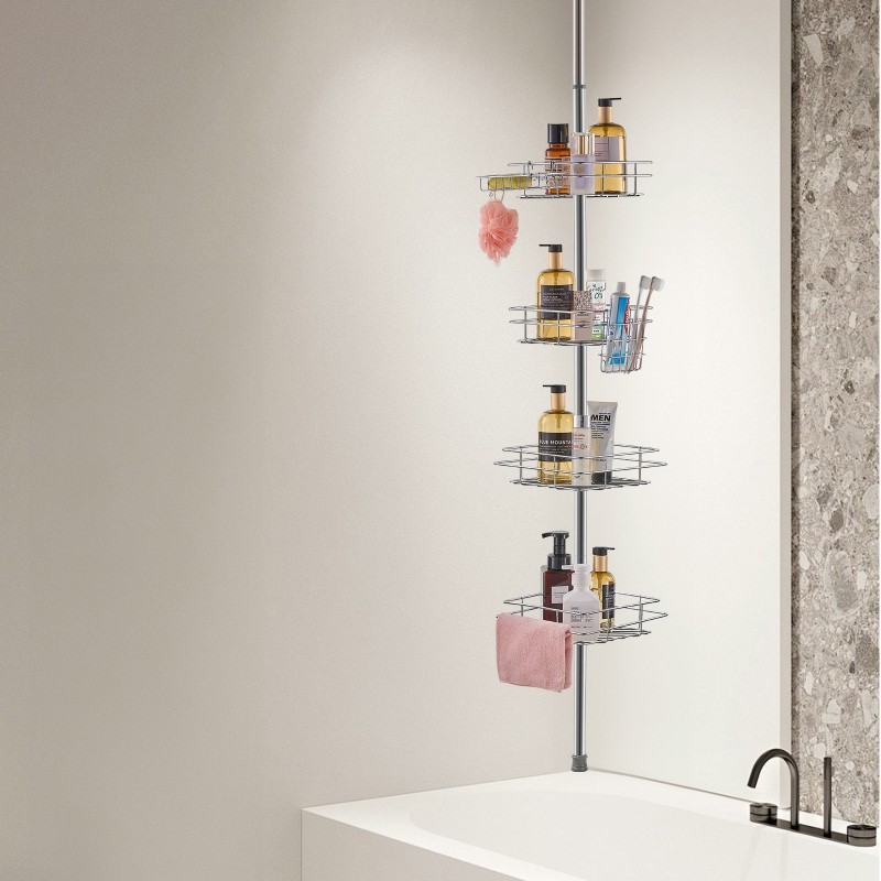 Suihkunurkkahylly säädettävä jousitangolla ruostumattomasta teräksestä 42–114 tuumaa 4 tasoa