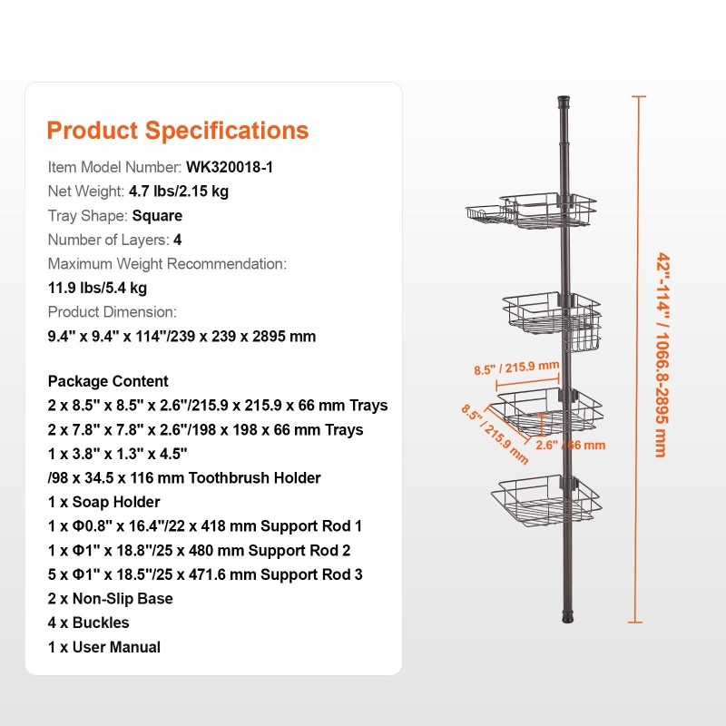Suihkun kulmahylly ruostumatonta terästä 4 tasoa säädettävä 42–114 tuumaa