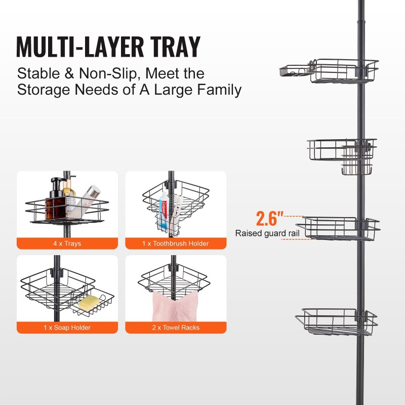 Suihkunurkkahylly ruostumatonta terästä säädettävä 42–114 tuumaa nelitasoinen saippuatelineillä ja pyyhetangoilla