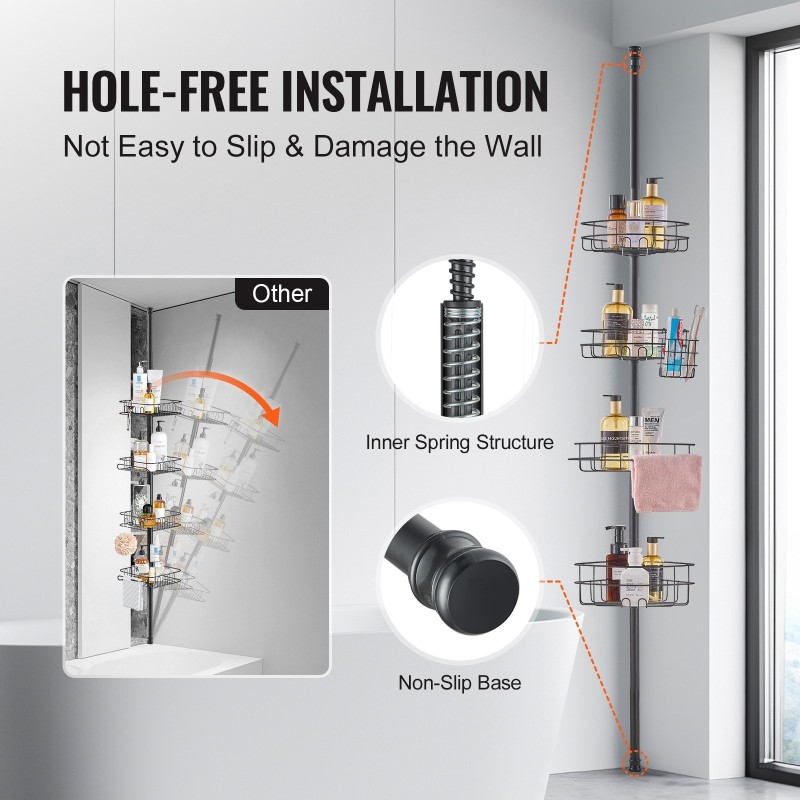 Suihkunurkkahylly ruostumatonta terästä säädettävä 42–114 tuumaa nelitasoinen saippuatelineillä ja pyyhetangoilla