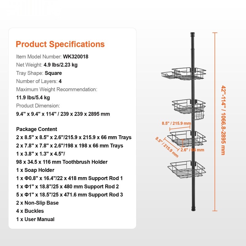 Suihkunurkkahylly ruostumatonta terästä säädettävä 42–114 tuumaa nelitasoinen saippuatelineillä ja pyyhetangoilla