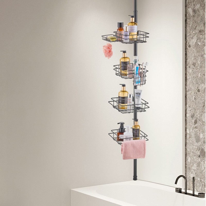 Suihkunurkkahylly ruostumatonta terästä säädettävä 42–114 tuumaa nelitasoinen saippuatelineillä ja pyyhetangoilla