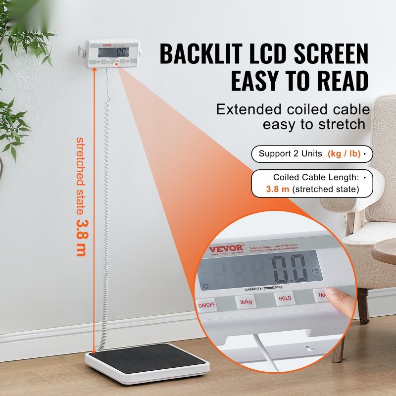 Lääkärivaaka digitaalinen ruostumaton teräs 550LBS kg/lb liukumaton matto lukitus ja tara-toiminnot