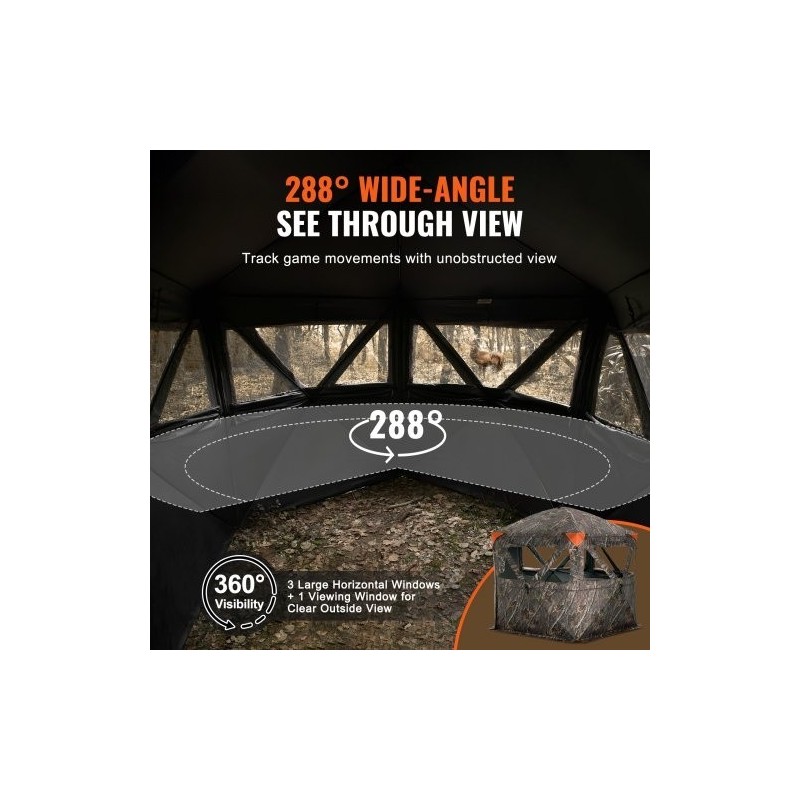 Maastokuvioitu metsästyskatos 150D kangas 6–7 hengelle 288 asteen näkyvyys 4 vaakasuuntaista ikkunaa