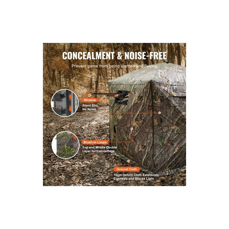 Maastokuvioitu metsästyskatos 150D kangas 6–7 hengelle 288 asteen näkyvyys 4 vaakasuuntaista ikkunaa