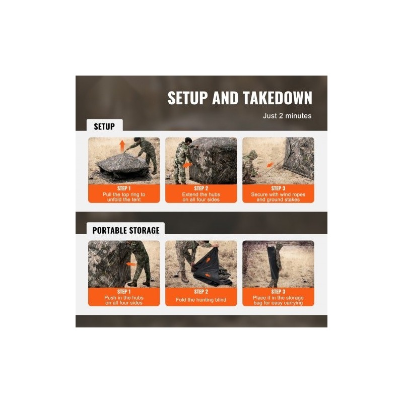 Maastokuvioitu metsästyskatos 150D kangas 6–7 hengelle 288 asteen näkyvyys 4 vaakasuuntaista ikkunaa