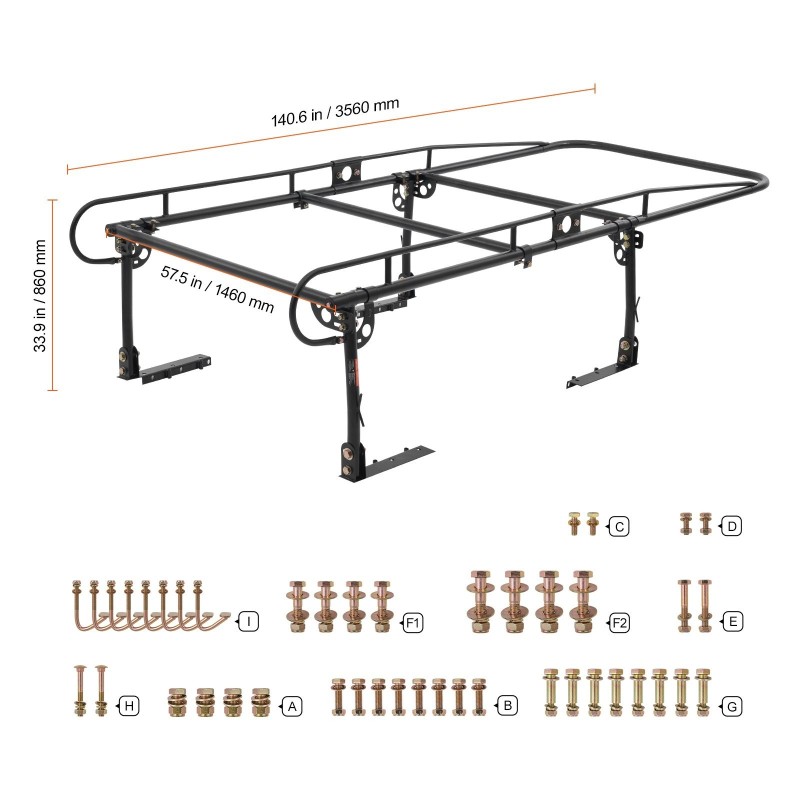Kuormateline lava-autoon teräs 454 kg kantavuus säädettävä leveys 43.3–63 tuumaa porausvapaa asennus