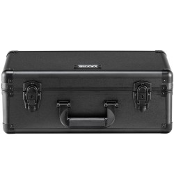 Korttisäilytyslaatikko alumiiniseosrunko 4 osastoa tilaa jopa 96 luokiteltua korttia vaahtomuoviväliseinät avainlukko kantokahva