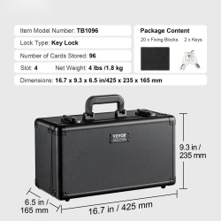 Korttisäilytyslaatikko alumiiniseosrunko 4 osastoa tilaa jopa 96 luokiteltua korttia vaahtomuoviväliseinät avainlukko kantokahva