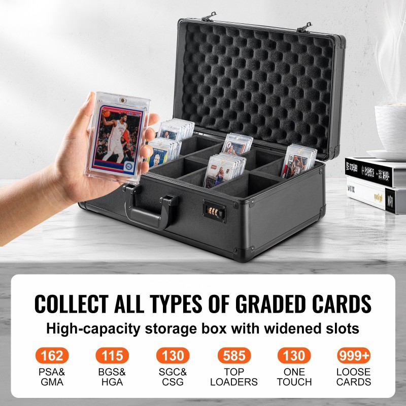 Korttisäilytyslaatikko alumiiniseosrunko 5 korttipaikkaa 25 vaahtomuovivälilevyä 162 luokiteltua korttia numerokoodilukolla