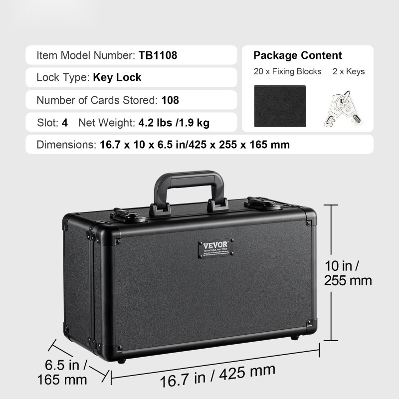 Korttilaatikko alumiiniseosrunkoinen 4 leveää lokeroa 108 PSA-korttia avainlukolla vaahtomuovivälilevyin