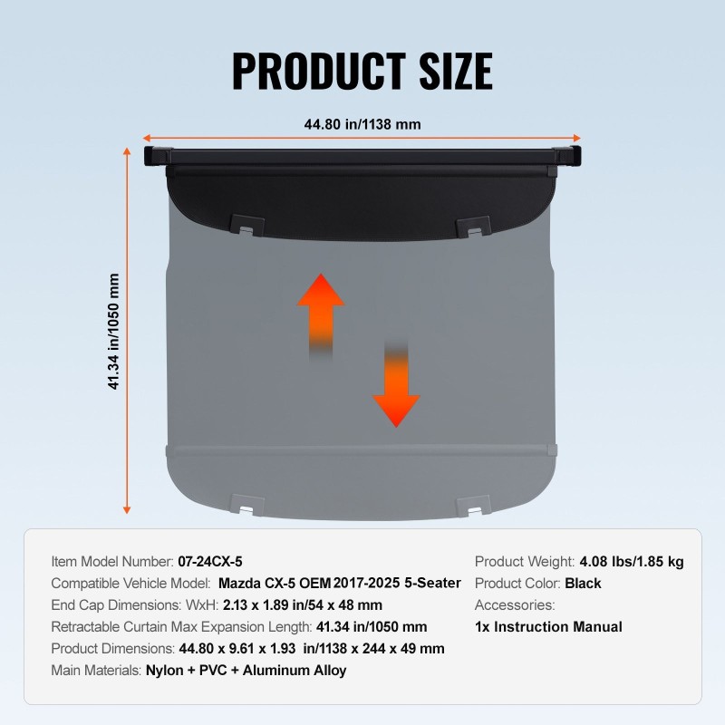 Tavaratilan suojaverho vedettävä alumiiniseos PVC-nahkajäljitelmä musta Mazda CX-5 2017–2025 5-paikkainen