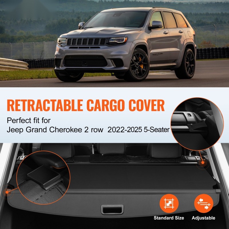 Rullattava tavaratilan suojapeite alumiinirunko PVC-nahkatextuuri musta yhteensopiva Jeep Grand Cherokee 2022–2025 5-paikkainen