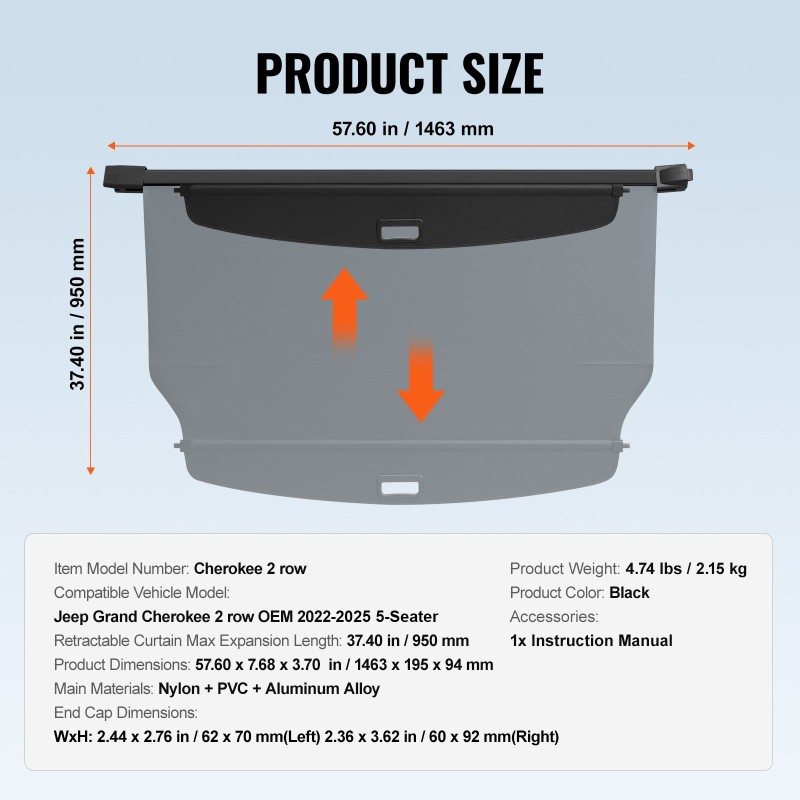 Rullattava tavaratilan suojapeite alumiinirunko PVC-nahkatextuuri musta yhteensopiva Jeep Grand Cherokee 2022–2025 5-paikkainen