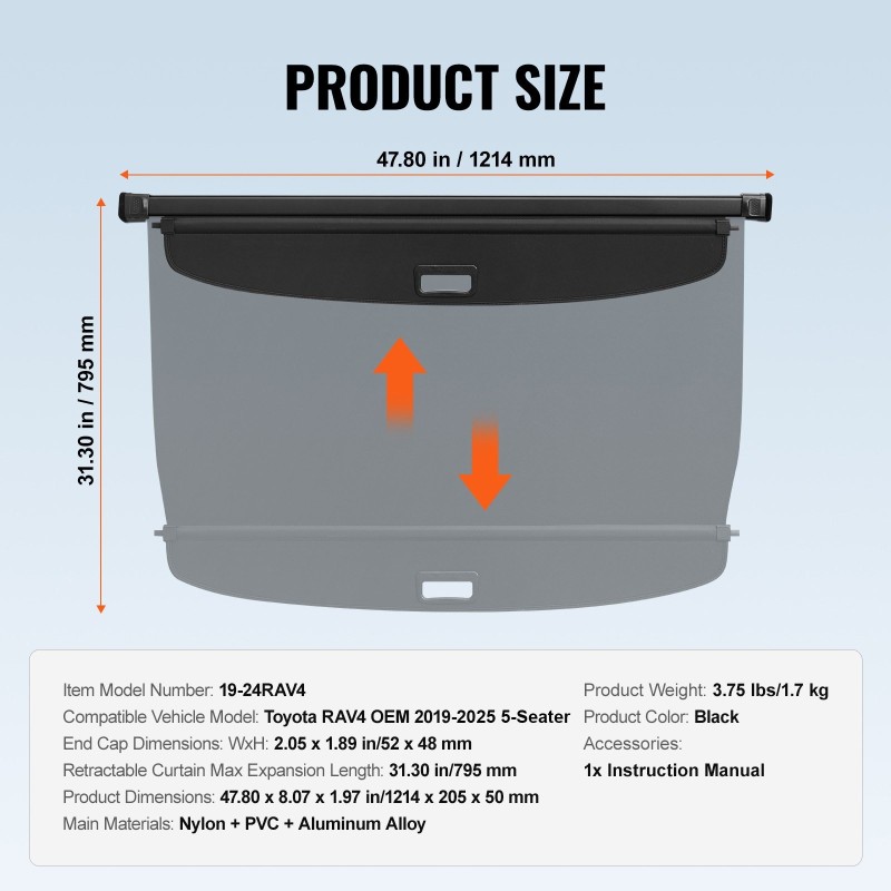 Tavaratilan rullasuoja Toyota RAV4 2019–2025 5-paikkainen alumiiniseosrunko nahkajäljitelmäpinta musta