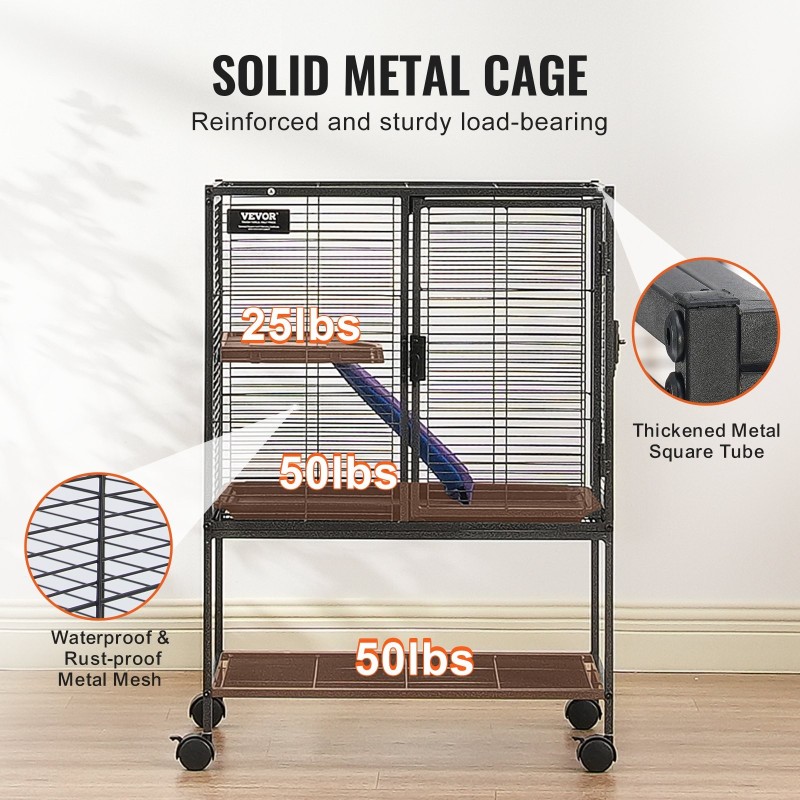 Jauhemaalattu metallihäkki kaksitasoinen pyörillä koko 610x440x865 mm tiheällä verkolla
