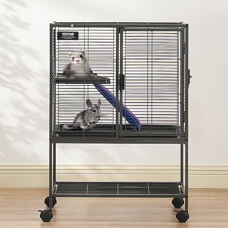 Jauhemaalattu metallihäkki kaksitasoinen pyörillä koko 610x440x865 mm tiheällä verkolla