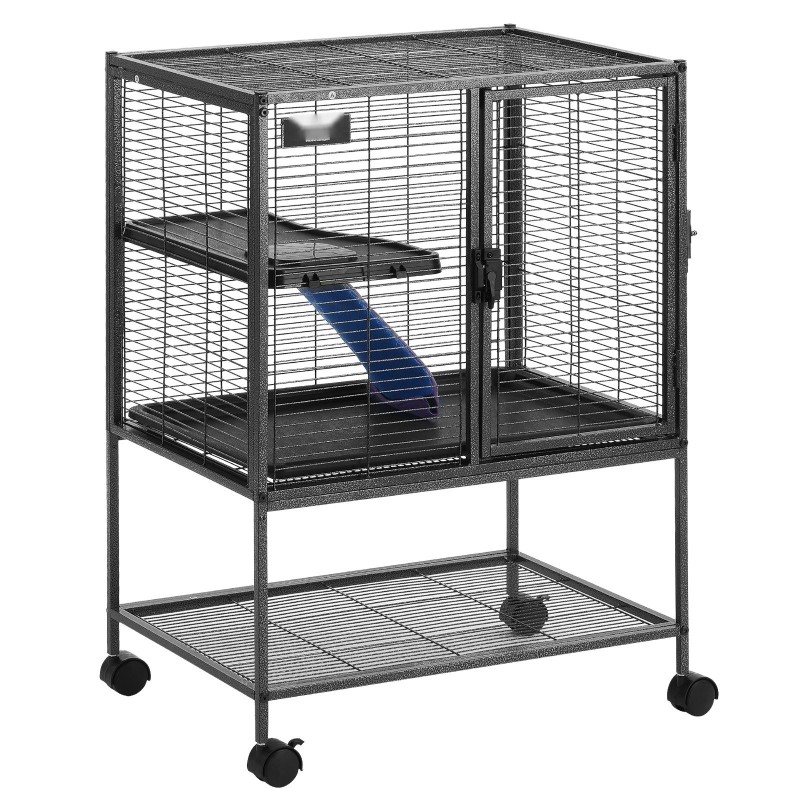 Jauhemaalattu metallihäkki kaksitasoinen pyörillä koko 610x440x865 mm tiheällä verkolla