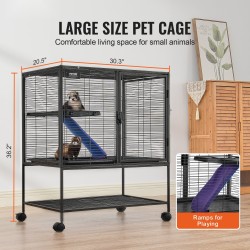 Pieneläinhäkki 2-tasoinen jauhemaalattu metalliverkko 770×520×920 mm liukumaton ramppi ulosvedettävä pohjatarjotin lukittavat