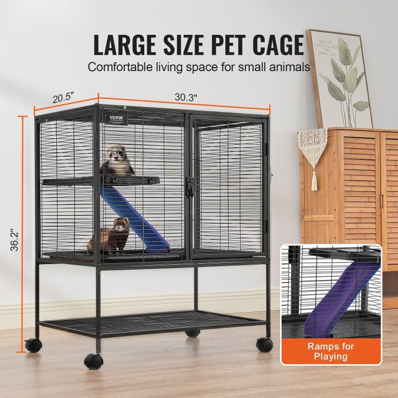 Pieneläinhäkki 2-tasoinen jauhemaalattu metalliverkko 770×520×920 mm liukumaton ramppi ulosvedettävä pohjatarjotin lukittavat