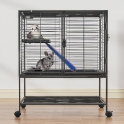 Pieneläinhäkki 2-tasoinen jauhemaalattu metalliverkko 770×520×920 mm liukumaton ramppi ulosvedettävä pohjatarjotin lukittavat