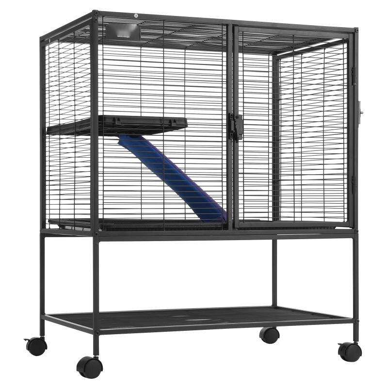 Pieneläinhäkki 2-tasoinen jauhemaalattu metalliverkko 770×520×920 mm liukumaton ramppi ulosvedettävä pohjatarjotin lukittavat