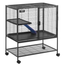 Pieneläinhäkki 2-tasoinen jauhemaalattu metalliverkko 770×520×920 mm liukumaton ramppi ulosvedettävä pohjatarjotin lukittavat