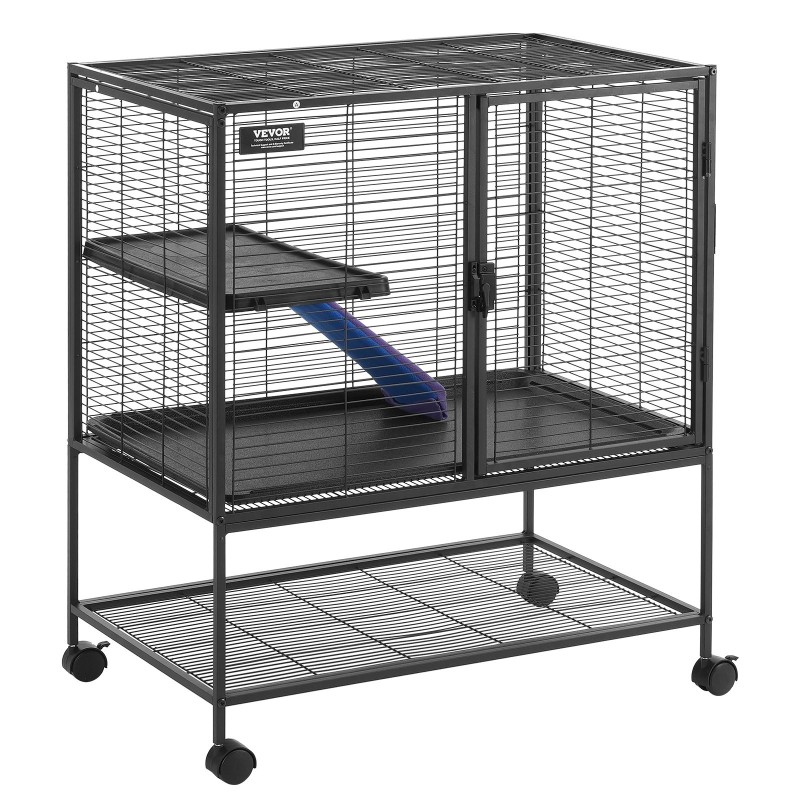 Pieneläinhäkki 2-tasoinen jauhemaalattu metalliverkko 770×520×920 mm liukumaton ramppi ulosvedettävä pohjatarjotin lukittavat