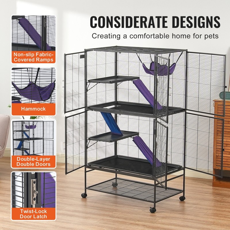 Metallinen 4-tasoinen pieneläinhäkki 164 cm korkea pyörillä pieneläimille