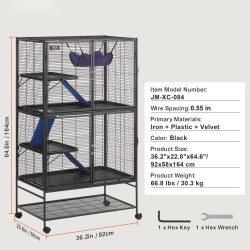Metallinen 4-tasoinen pieneläinhäkki 164 cm korkea pyörillä pieneläimille