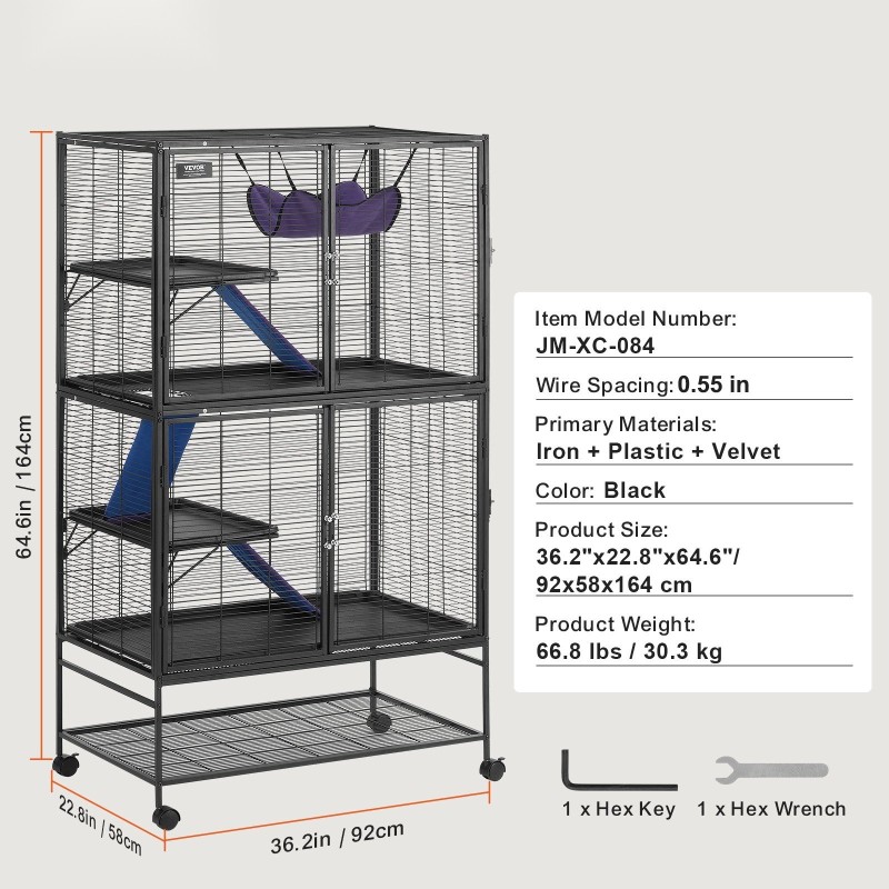 Metallinen 4-tasoinen pieneläinhäkki 164 cm korkea pyörillä pieneläimille