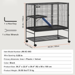 Lemmikkihäkki kaksitasoinen jauhemaalattu metallinen liukumattomalla rampilla ja ulosvedettävällä alustalla lukittavilla