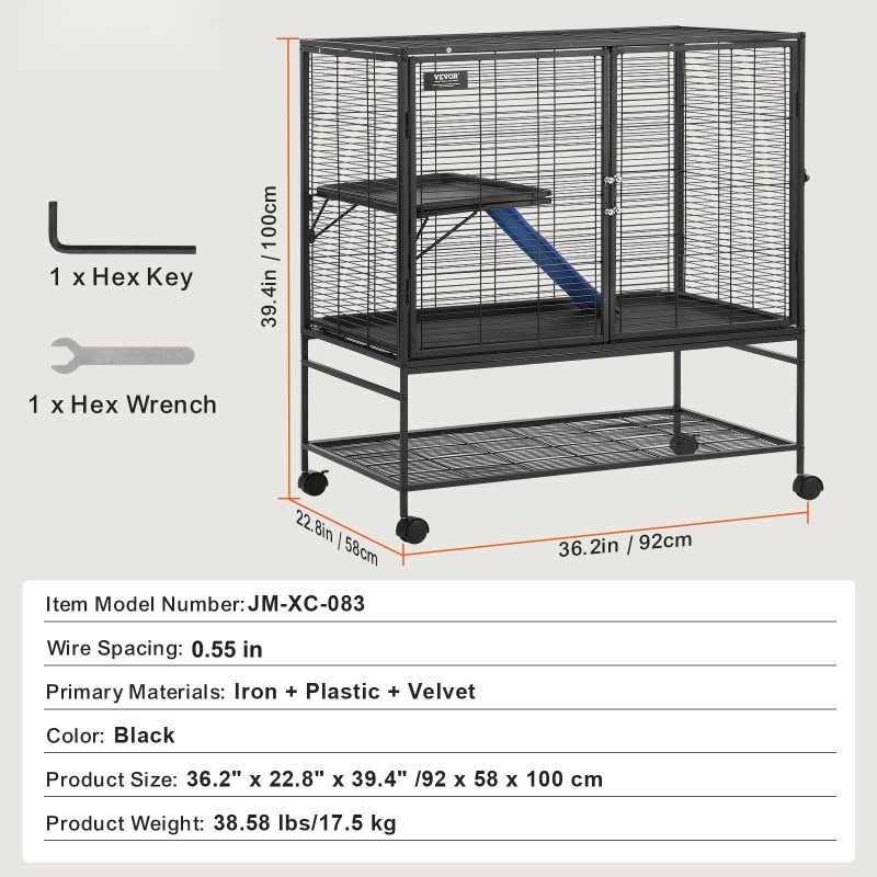 Lemmikkihäkki kaksitasoinen jauhemaalattu metallinen liukumattomalla rampilla ja ulosvedettävällä alustalla lukittavilla