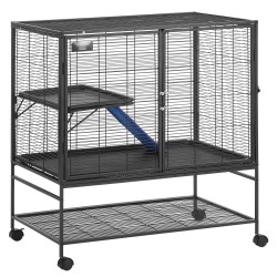 Lemmikkihäkki kaksitasoinen jauhemaalattu metallinen liukumattomalla rampilla ja ulosvedettävällä alustalla lukittavilla