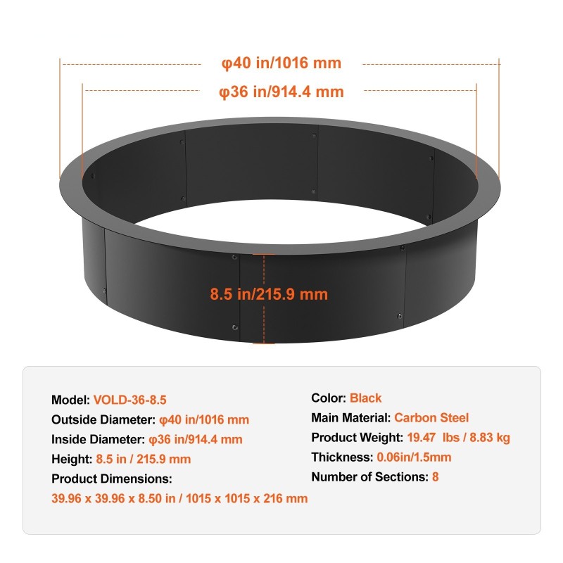 Tulipesärengas hiiliteräs 1016 mm ulkohalkaisija 990 mm sisähalkaisija 216 mm korkeus musta