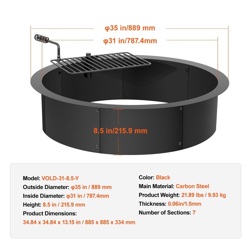 Tulipesän rengas hiiliterästä sisähalkaisija 787 mm ulkohalkaisija 889 mm korkeus 216 mm