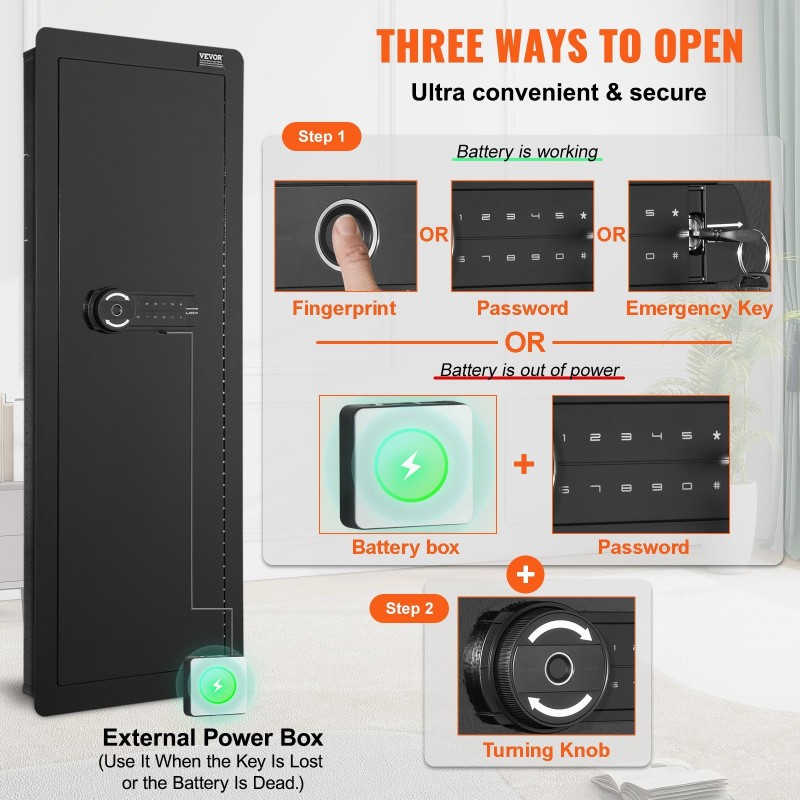 Seinään asennettava aseturvakaappi 109 cm kylmävalssattu teräs 4 hyllyä näppäimistö sormenjälkilukko