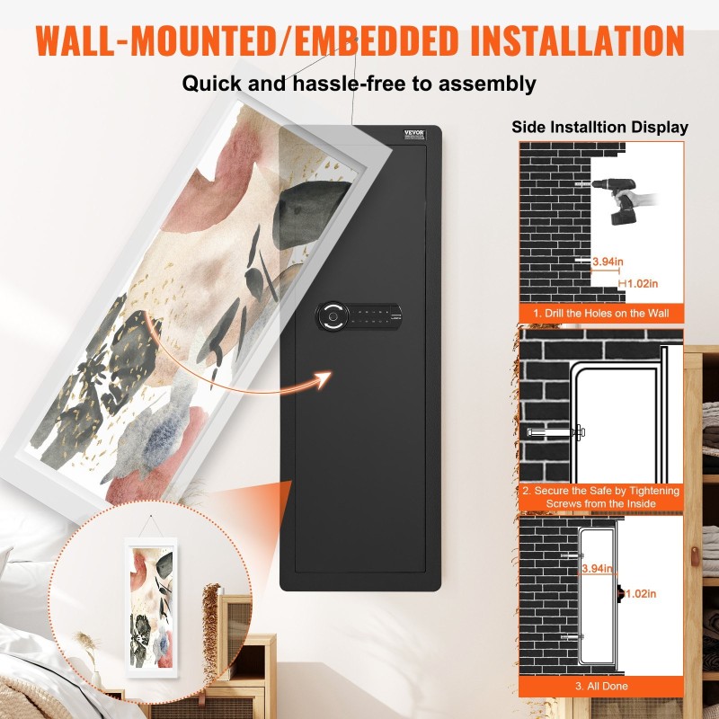 Seinään asennettava aseturvakaappi 109 cm kylmävalssattu teräs 4 hyllyä näppäimistö sormenjälkilukko