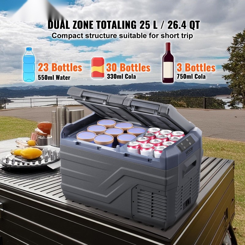 Auton kannettava 25 l kaksoisvyöhykkeinen jääkaappi pakastin