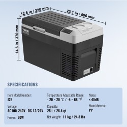 Autokylmälaukku 25 L kompressorilla säädettävä -20–20 °C 12/24 V ja 100–240 V