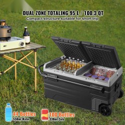 Kannettava kompressorijääkaappi ja pakastin 95 l kaksiosainen pyörillä teleskooppivetokahva 12/24 V