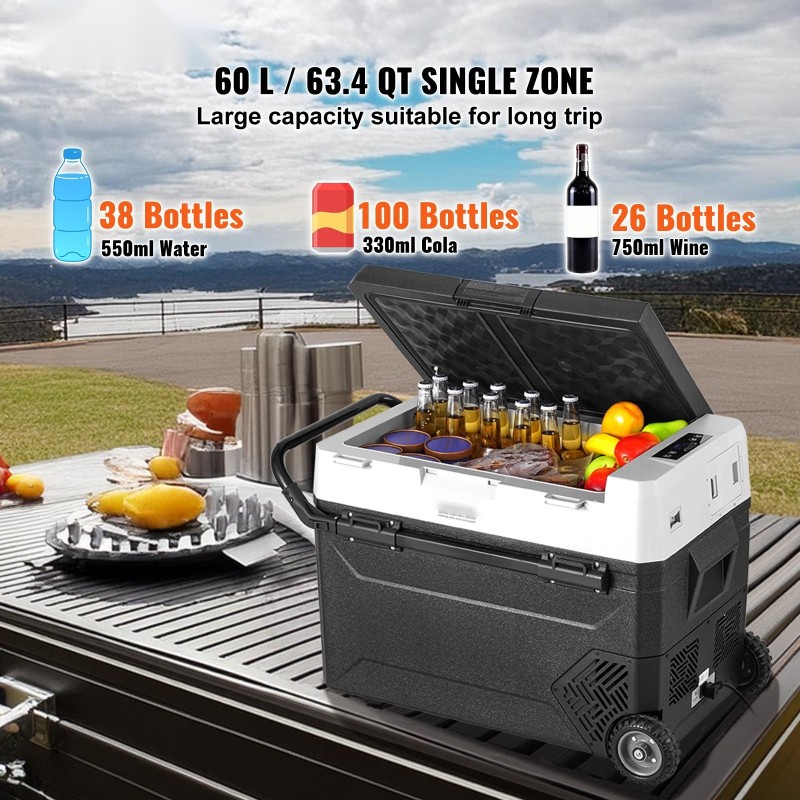 Autokylmälaukku 12V 60 L kompressorilla säädettävällä lämpötilalla pyörillä
